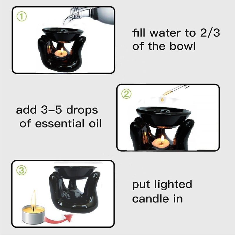 Mkd2 Rise Mkd2 Rise Ceramic Essential Oil Diffuser Burner Lamp for Home Fragrance with 1 Tealight Candle Black Handshape  - Image 5