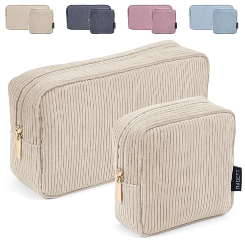 MAGEFY Makeup Bag for Purse, 2 Pcs Corduroy Cosmetic Bag for Girls Women Small Travel Makeup Pouch with Zipper(Beige) - Image 1