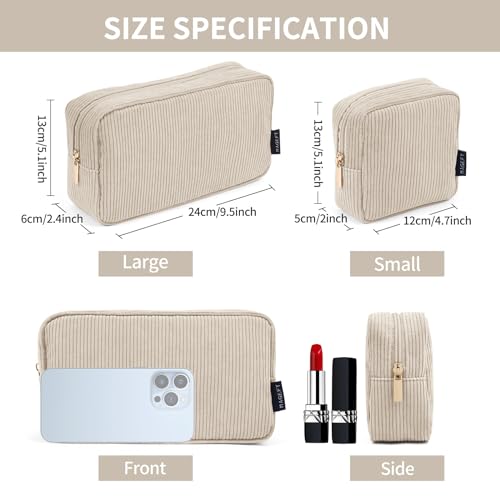 MAGEFY Makeup Bag for Purse, 2 Pcs Corduroy Cosmetic Bag for Girls Women Small Travel Makeup Pouch with Zipper(Beige) - Image 5