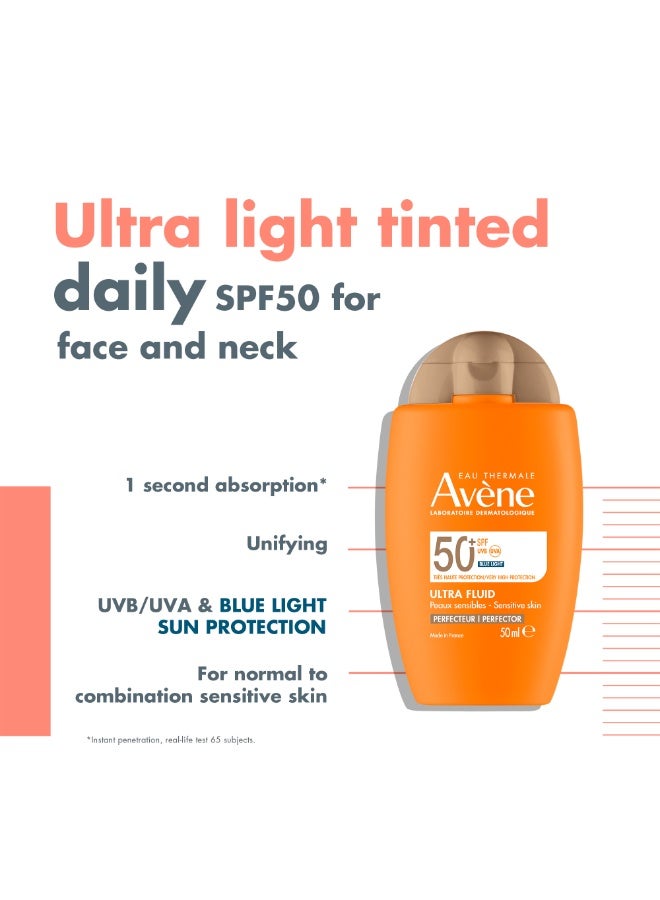 Avene Ultra Fluid Tinted SPF 50+ Face Sun Cream  – Unifying Glow for Sensitive Skin, TriAsorB™ HEV Blue Light Filter, Anti-Pollution & Invisible Finish for Radiant Protection beige 50ml - Image 1