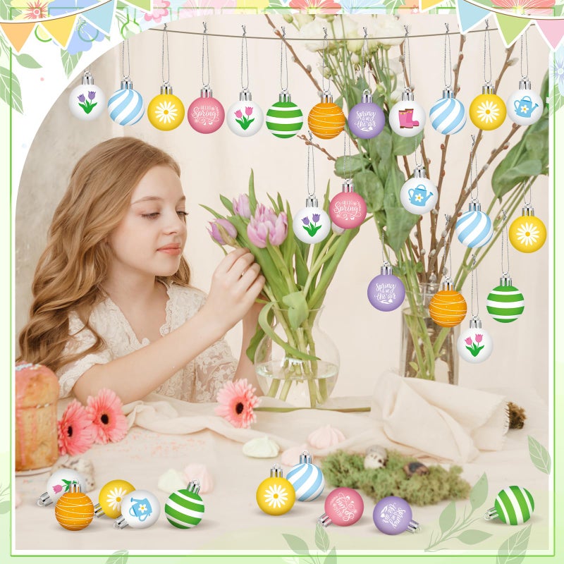 VIHOSE 40 Pcs Spring Ball Ornaments Colorful Tulip Ornaments for Tree 1.18"-2" White Yellow Daisy Hanging Decoration Cute Spring Assorted Plastic Hanging Balls Decor for Holiday Decor - Image 4