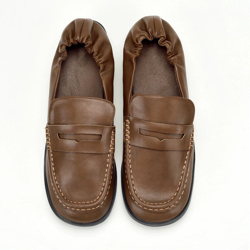 Women's Brown PU Leather Loafers Square Toe Block Heel - Image 1