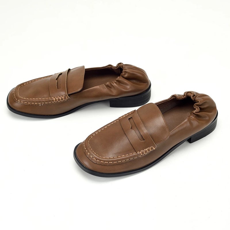 Women's Brown PU Leather Loafers Square Toe Block Heel - Image 5