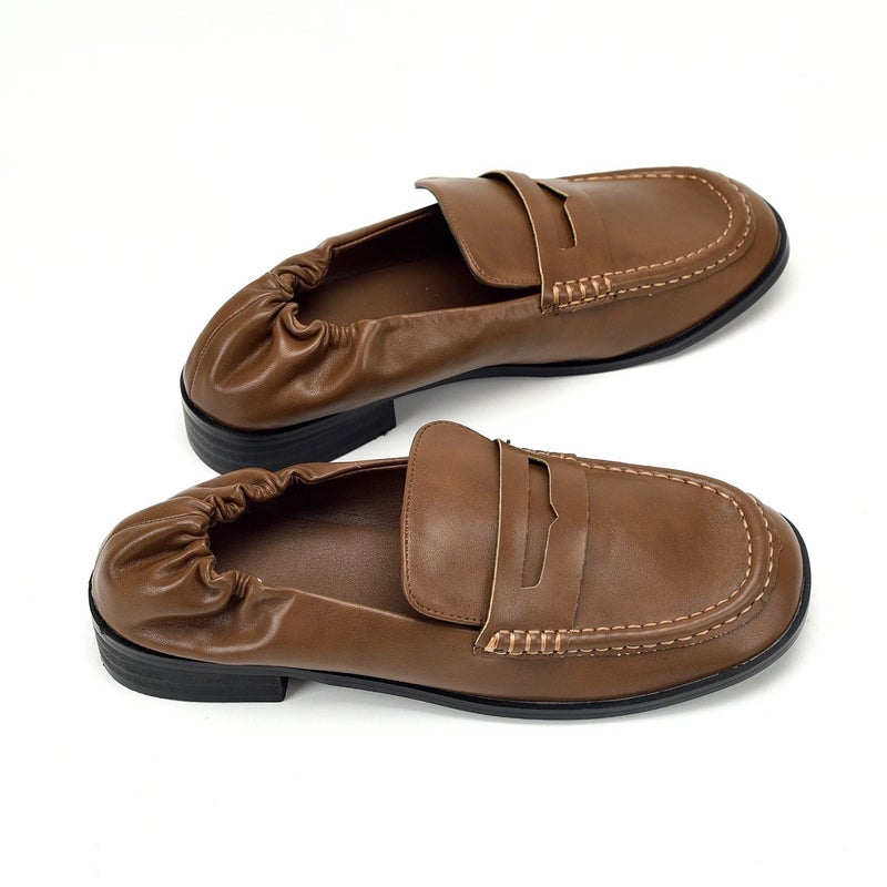 Women's Brown PU Leather Loafers Square Toe Block Heel - Image 2