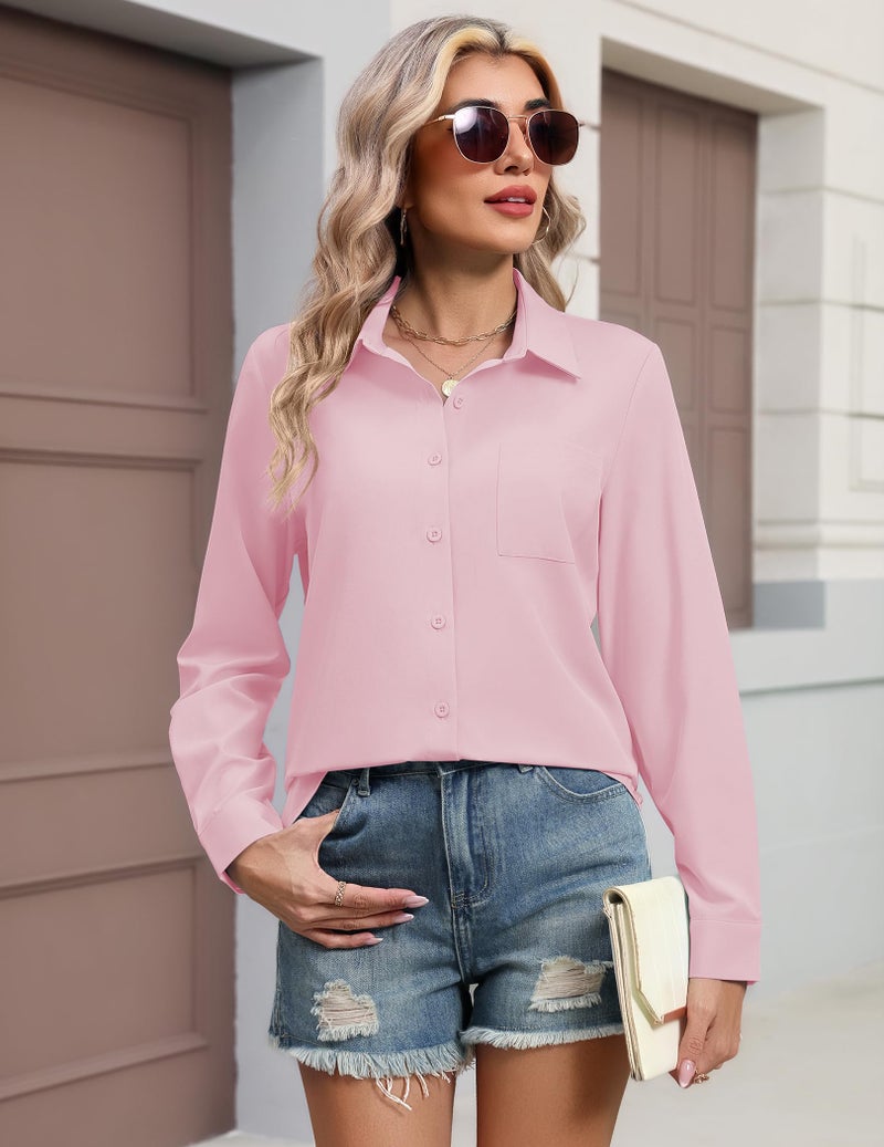 HOTOUCH Button Up Shirts Women Pink Collared Long Sleeve Tops Business Casual V Neck Blouses Solid Work Outfit S - Image 4