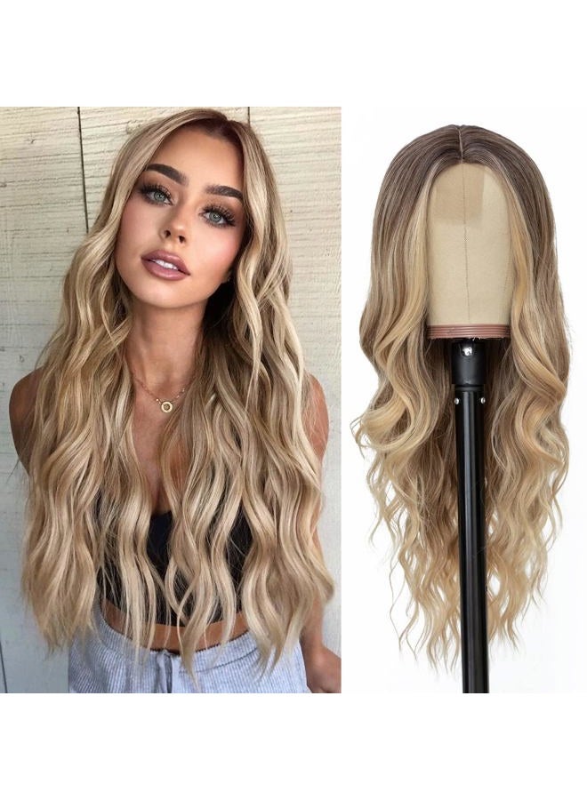 NAYOO Long Ombre Blonde Wavy Wig for Women 26 Inch Middle Part Curly Wavy Wig Natural Looking Synthetic Heat Resistant Fiber Wig for Daily Party Use (Ombre Blonde) - Image 1