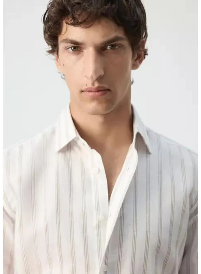 Mango Man 01-BLANCO Linen-Cotton Blend Stripe Shirt for Men | Best Price UAE