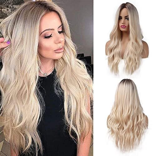 Esmee 26 Inches Long Blonde Wigs for Women Natural Synthetic Hair Ombre Blonde Wig with Dark Roots Synthetic Wig Loose Wavy Wigs Heat Resistant - Image 2