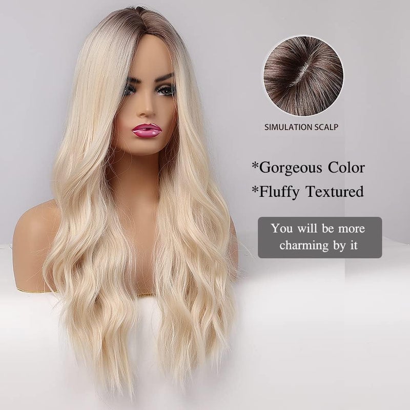 Esmee 26 Inches Long Blonde Wigs for Women Natural Synthetic Hair Ombre Blonde Wig with Dark Roots Synthetic Wig Loose Wavy Wigs Heat Resistant - Image 3