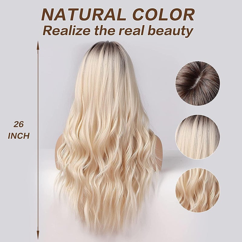 Esmee 26 Inches Long Blonde Wigs for Women Natural Synthetic Hair Ombre Blonde Wig with Dark Roots Synthetic Wig Loose Wavy Wigs Heat Resistant - Image 5