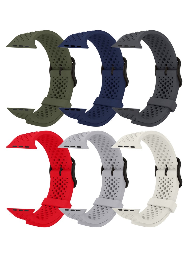 CATANES 6Packs 49mm/45mm/44mm/ Sport Silicone Watch Band Compatible with Apple Watch Series 9/8/7/6/5/4/3/2/1 & SE – Breathable Soft Strap with Buckle - Image 1