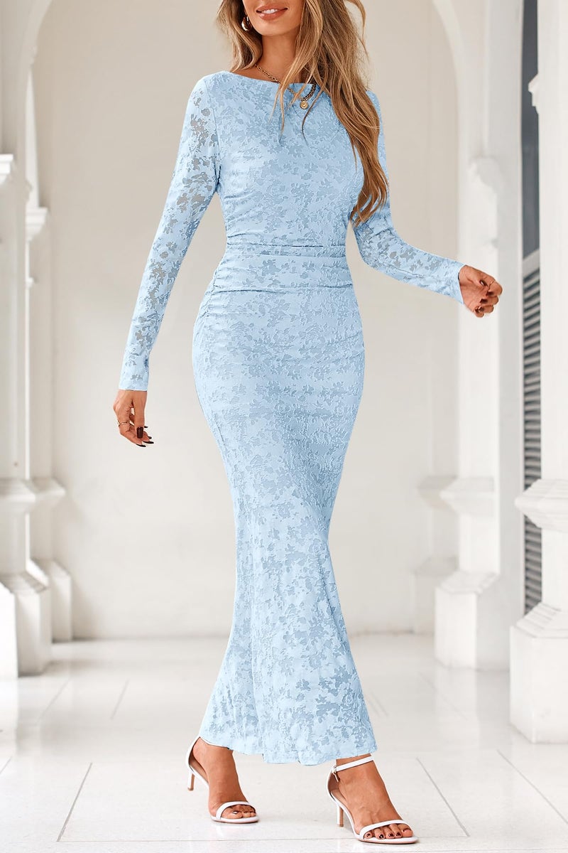 MITILLY Women's Formal Bodycon Maxi Dress Fall 2026 Long Sleeve Floral Tight Fitted Party Club Ruched Dresses X-Large Light Blue - Image 2