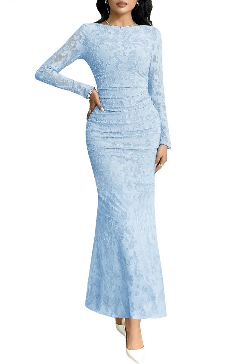 MITILLY Women's Formal Bodycon Maxi Dress Fall 2026 Long Sleeve Floral Tight Fitted Party Club Ruched Dresses X-Large Light Blue - Image 1
