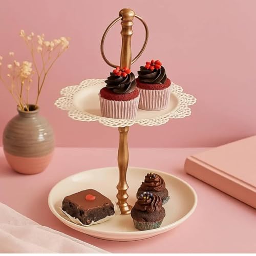 Elan 2 Tier Cake Cupcake Stand, Multipurpose Serving Stand | Mild Steel Dessert Stand | Multilayer Serving Platter | Cupcake Stand for Wedding (Flourish, Ivory) - Image 1