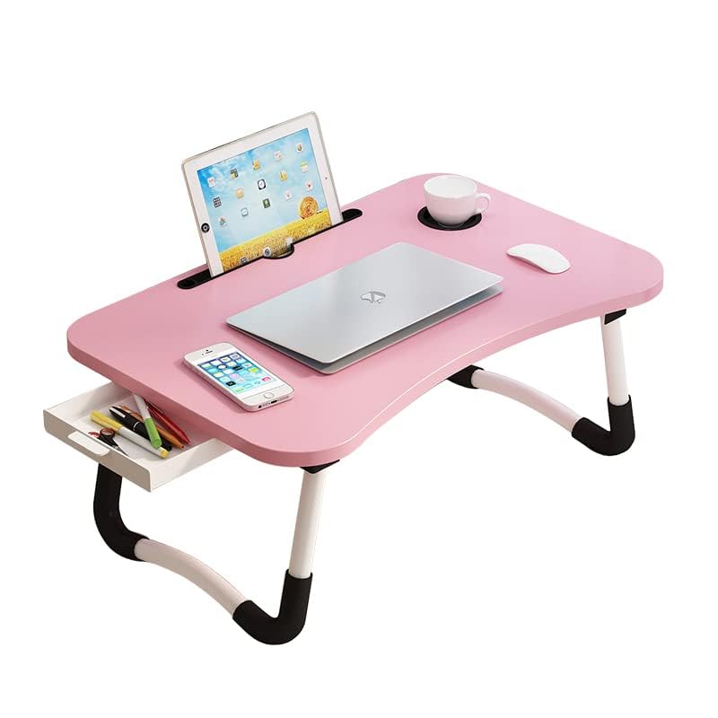 VebaCidi Lap Desk with Storage Drawer, Holders for Cup and Tablet, Tray Table with Foldable Legs, Laptop Bed Stand, Portable Standing Table for Sofa Couch Floor (23.6", Pink) - Image 2