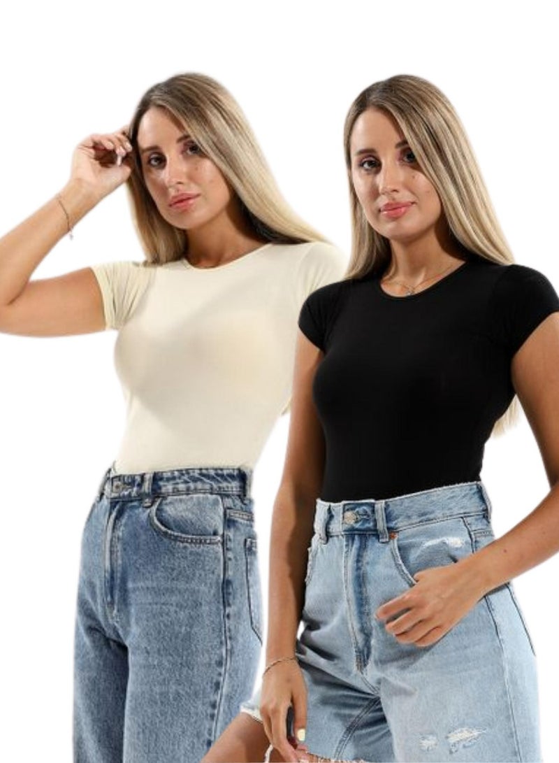 COTTONIL Pack of 2 Women's Round Neck Short Sleeve Cotton Body Top  - Image 1
