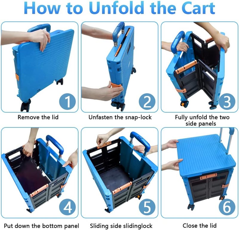 FELICON SELORSS Foldable Utility Cart Folding Portable Rolling Crate Handcart with Durable Heavy Duty Telescoping Handle Collapsible 4 Rotate Wheels for Travel Shop Move Luggage Laundry (Light Blue) - Image 4