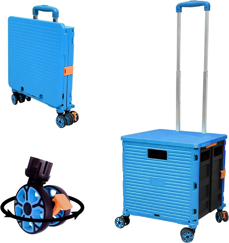 FELICON SELORSS Foldable Utility Cart Folding Portable Rolling Crate Handcart with Durable Heavy Duty Telescoping Handle Collapsible 4 Rotate Wheels for Travel Shop Move Luggage Laundry (Light Blue) - Image 1