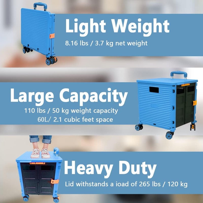 FELICON SELORSS Foldable Utility Cart Folding Portable Rolling Crate Handcart with Durable Heavy Duty Telescoping Handle Collapsible 4 Rotate Wheels for Travel Shop Move Luggage Laundry (Light Blue) - Image 3