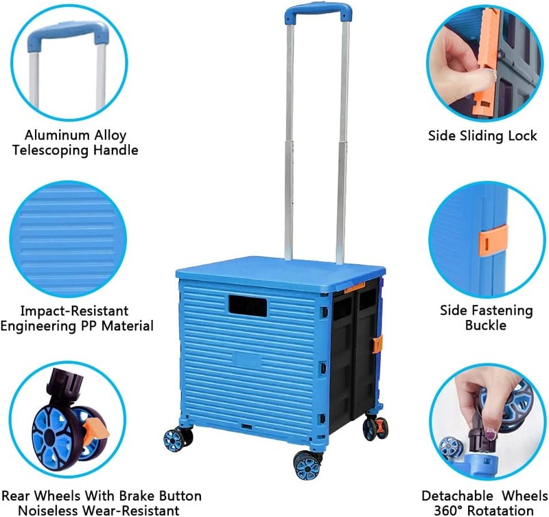 FELICON SELORSS Foldable Utility Cart Folding Portable Rolling Crate Handcart with Durable Heavy Duty Telescoping Handle Collapsible 4 Rotate Wheels for Travel Shop Move Luggage Laundry (Light Blue) - Image 2