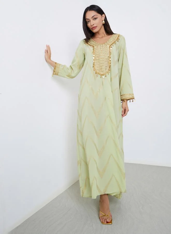 Amirah Amirah Chevron Foil Print Jalabiya with Gold Embroidery
