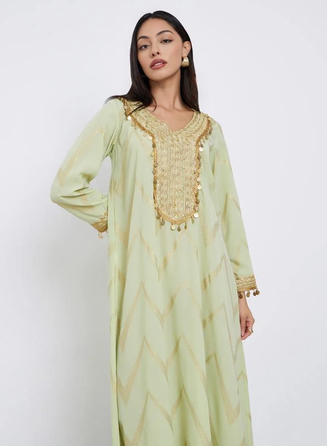 Amirah Amirah Chevron Foil Print Jalabiya with Gold Embroidery