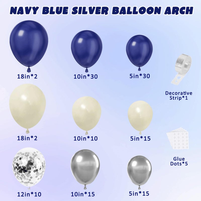 PUFFLD Navy Blue Silver Balloons Arch Kit, Double Stuffed Pearl White Royal Dark Blue Silver Chrome with Confetti Balloons Garland Kit for Birthday Wedding Graduation Father's Day Decorations - Image 2