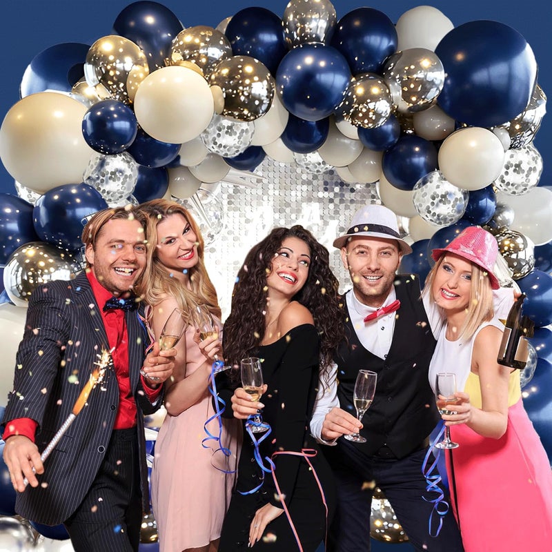 PUFFLD Navy Blue Silver Balloons Arch Kit, Double Stuffed Pearl White Royal Dark Blue Silver Chrome with Confetti Balloons Garland Kit for Birthday Wedding Graduation Father's Day Decorations - Image 4