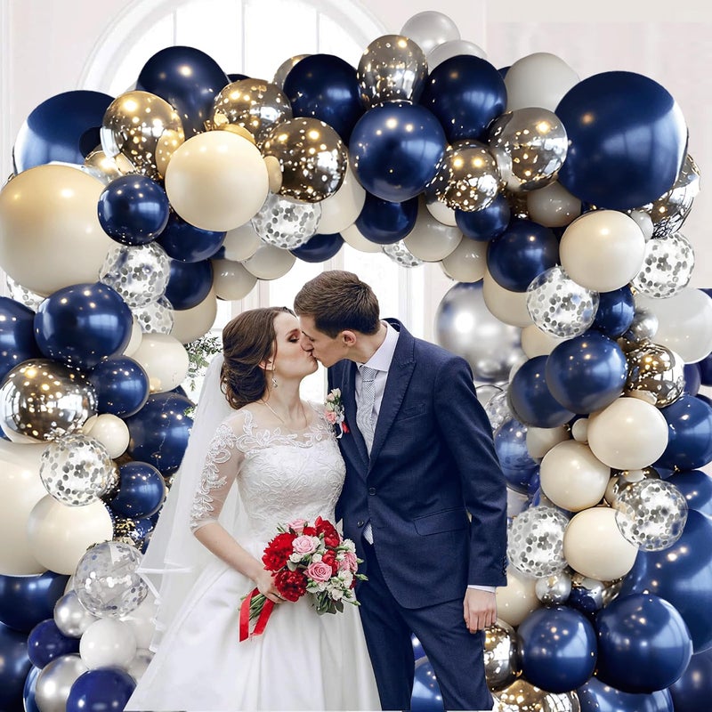 PUFFLD Navy Blue Silver Balloons Arch Kit, Double Stuffed Pearl White Royal Dark Blue Silver Chrome with Confetti Balloons Garland Kit for Birthday Wedding Graduation Father's Day Decorations - Image 5