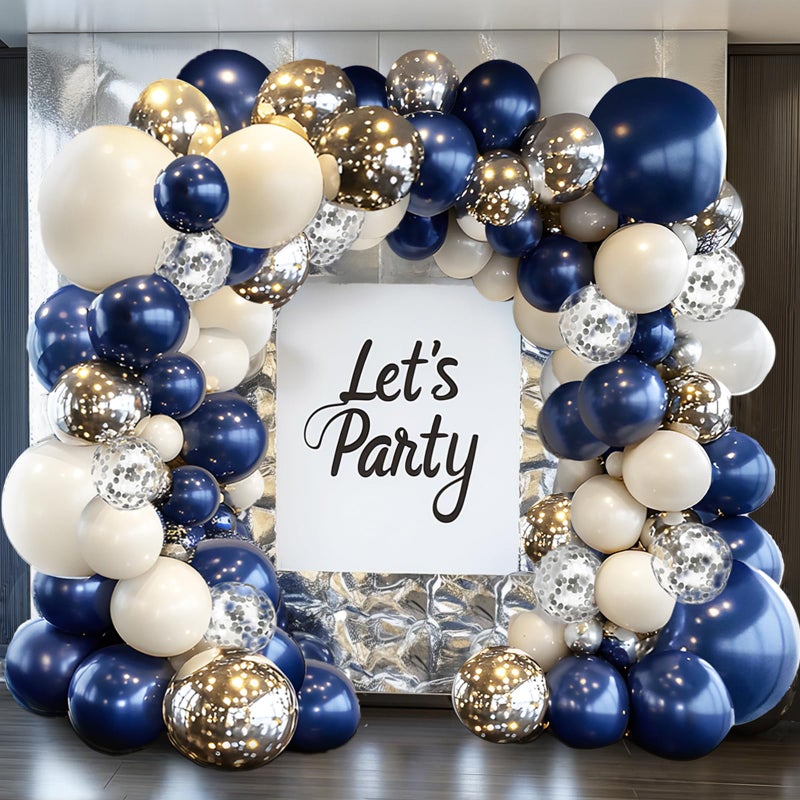 PUFFLD Navy Blue Silver Balloons Arch Kit, Double Stuffed Pearl White Royal Dark Blue Silver Chrome with Confetti Balloons Garland Kit for Birthday Wedding Graduation Father's Day Decorations - Image 1