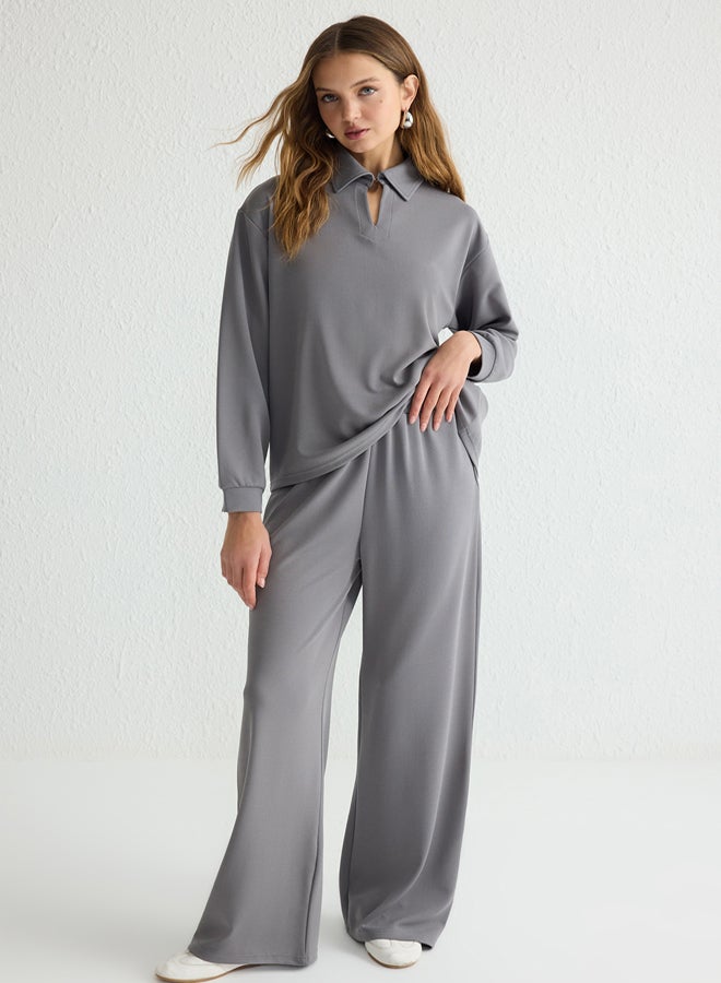 trendyol Gray Polo Collar Knitted Top-Bottom Set - Image 2