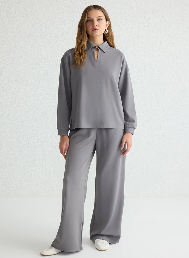 trendyol Gray Polo Collar Knitted Top-Bottom Set - Image 1