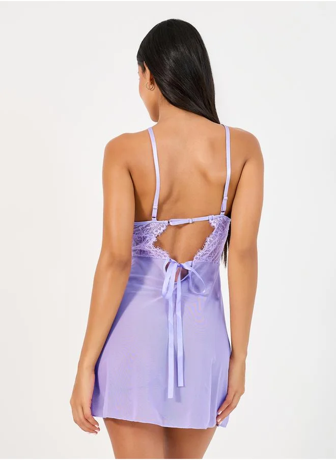 Styli Cross Over Halter Neck Cut Out Back Lace and Mesh Slip Dress with Thong Set