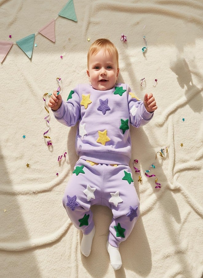 Lenjindjer Toddler Baby Girl Boy Mardi Gras Outfit Long Sleeve Star Embroidery Sweatshirt Sweatpants Infant Carnival Clothes (Purple, 2-3T) - Image 4