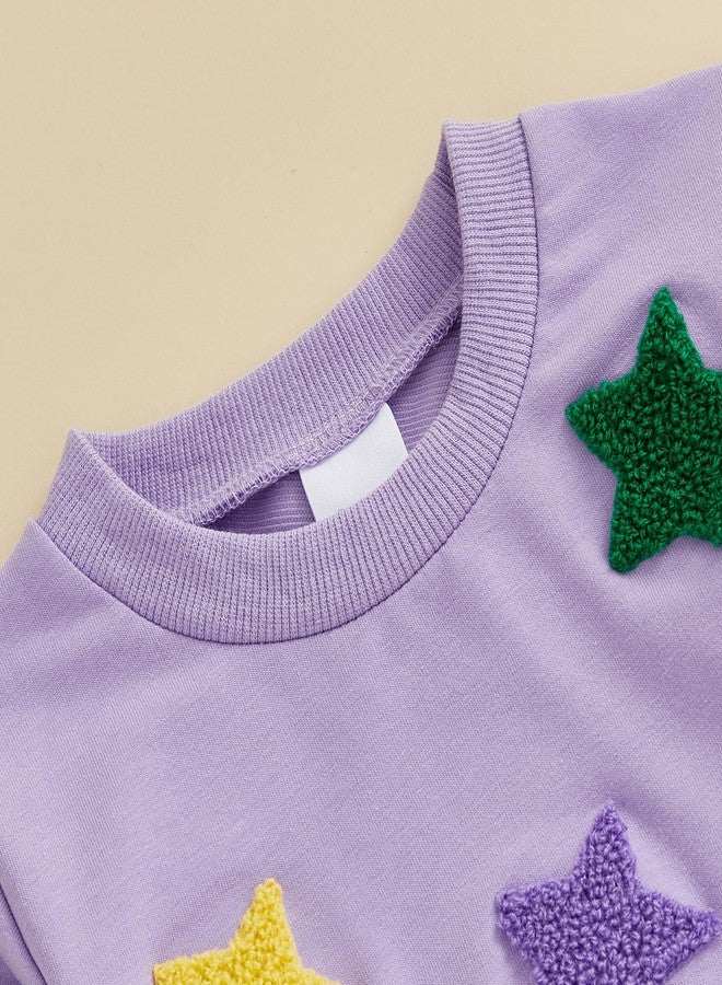 Lenjindjer Toddler Baby Girl Boy Mardi Gras Outfit Long Sleeve Star Embroidery Sweatshirt Sweatpants Infant Carnival Clothes (Purple, 2-3T) - Image 5