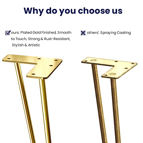 SMARTSTANDARD 4 Inch Hairpin Furniture Legs, 3/8'' Rods Metal Home DIY Projects for Nightstand, Coffee Table, Dresser with Rubber Floor Protectors, Gold Set of 4PCS - Image 4