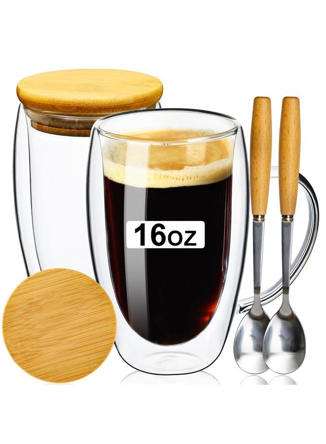 PARACITY Double Wall Glass Coffee Mugs 16OZ with Bamboo Lid/Spoon, Glass Coffee Cups Set of 2 with Handle, Insulated Clear Coffee Mug, Perfect for Latte, Cappuccino, Espresso, Hot Beverage, Tea - Image 1