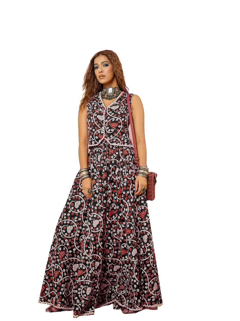 WineRed Women Black Cotton Lace detailing Waistcoat with Skirt Co-ord Set - Image 1