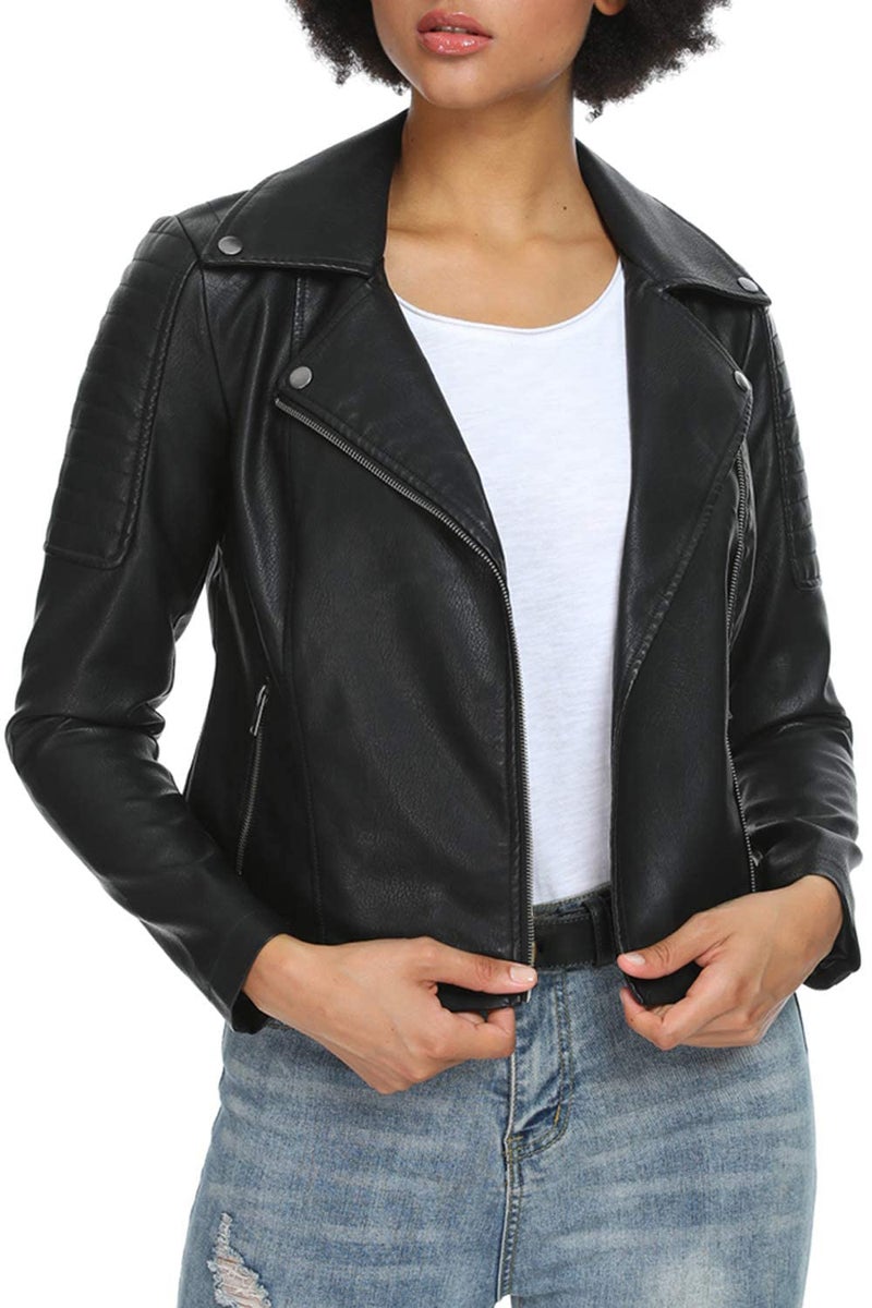 Fahsyee Women's Faux Leather Jackets, Zip Up Motorcycle PU Moto Biker Outwear Fitted Slim Coat Black Size XL - Image 1