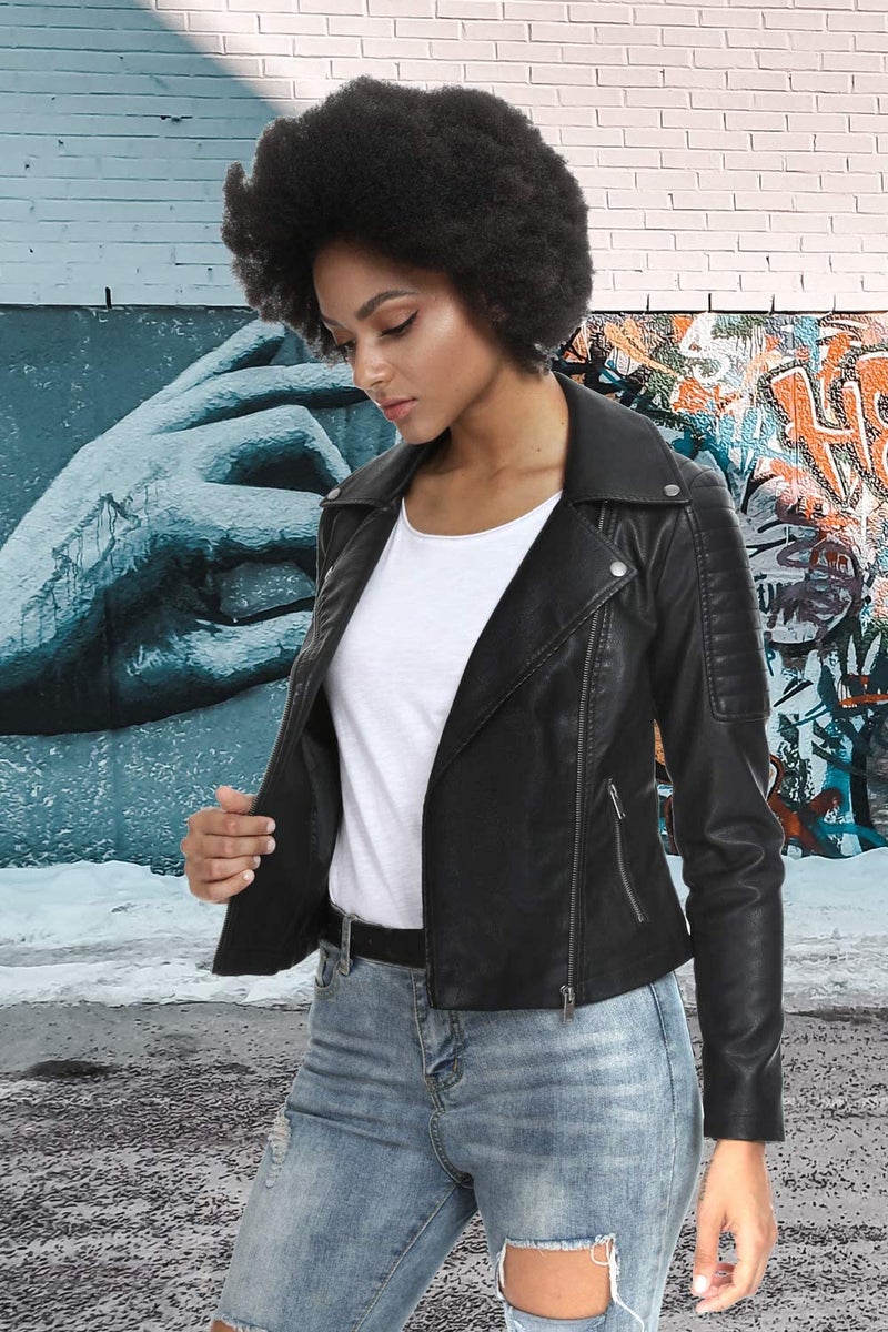 Fahsyee Women's Faux Leather Jackets, Zip Up Motorcycle PU Moto Biker Outwear Fitted Slim Coat Black Size XL - Image 3