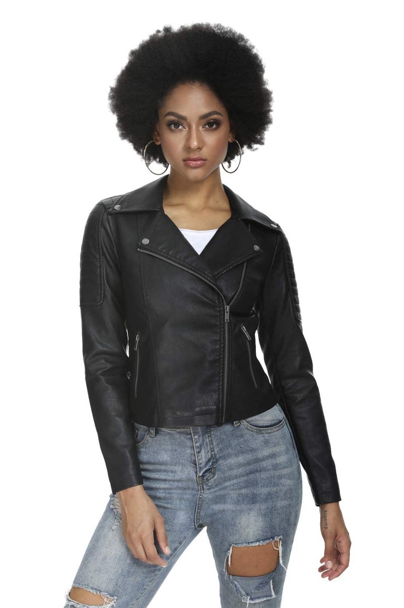 Fahsyee Women's Faux Leather Jackets, Zip Up Motorcycle PU Moto Biker Outwear Fitted Slim Coat Black Size XL - Image 2