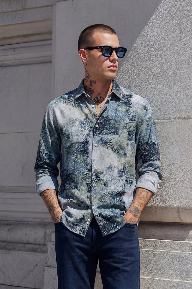 سنيتش Dark Green Abstract Long Sleeve Slim Fit Casual Shirt
