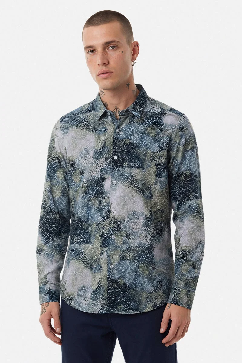 سنيتش Dark Green Abstract Long Sleeve Slim Fit Casual Shirt