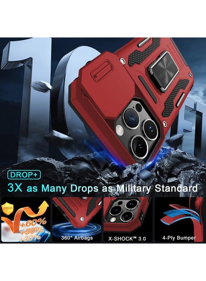 DEERLAMN Case for iPhone 15 Pro with Slide Camera Cover+Screen Protector(1 Pack), Rotated Ring Kickstand Military Grade Shockproof Protective Cover 6.1 Inch-Red - Image 4
