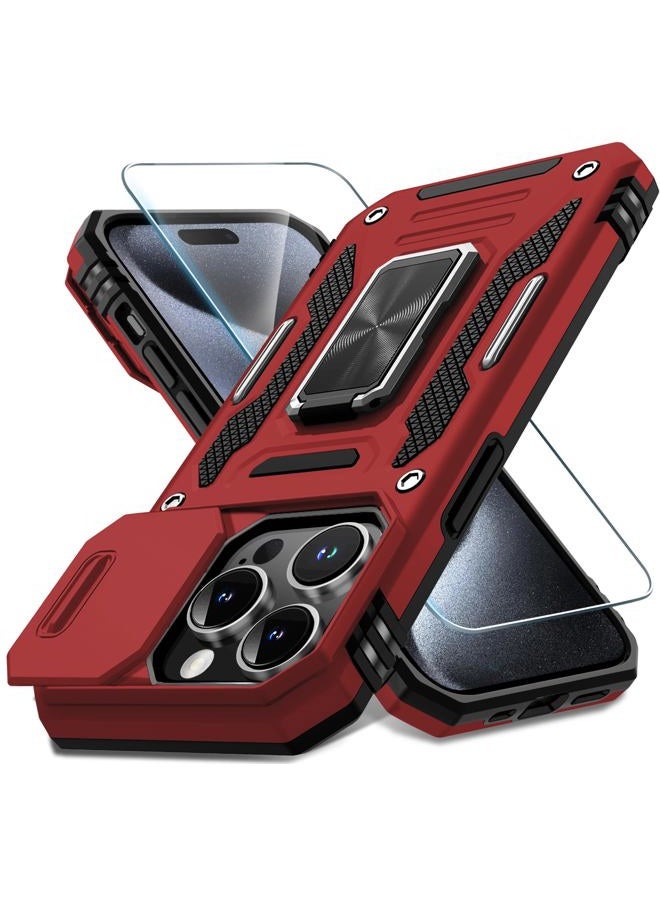 DEERLAMN Case for iPhone 15 Pro with Slide Camera Cover+Screen Protector(1 Pack), Rotated Ring Kickstand Military Grade Shockproof Protective Cover 6.1 Inch-Red - Image 1