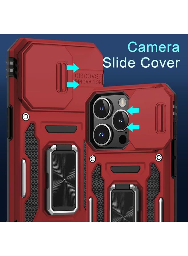 DEERLAMN Case for iPhone 15 Pro with Slide Camera Cover+Screen Protector(1 Pack), Rotated Ring Kickstand Military Grade Shockproof Protective Cover 6.1 Inch-Red - Image 3