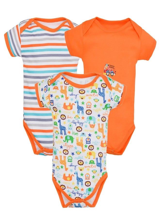 Magic Town® 100% Cotton Unisex Half Sleeve Baby Bodysuit for Kids and Infants Set of 3 (Orange) (0-3 Months) - Image 1