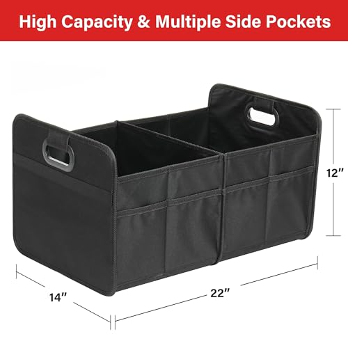 YSSOA Car Trunk Organizer, 2 Compartments Anti-slip 14" D x 22" W x 12" H Collapsible Trunk Storage, 600D Oxford Polyester Car Storage, Suitable for SUV, Minivan, Truck, Black - Image 2