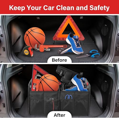 YSSOA Car Trunk Organizer, 2 Compartments Anti-slip 14" D x 22" W x 12" H Collapsible Trunk Storage, 600D Oxford Polyester Car Storage, Suitable for SUV, Minivan, Truck, Black - Image 5