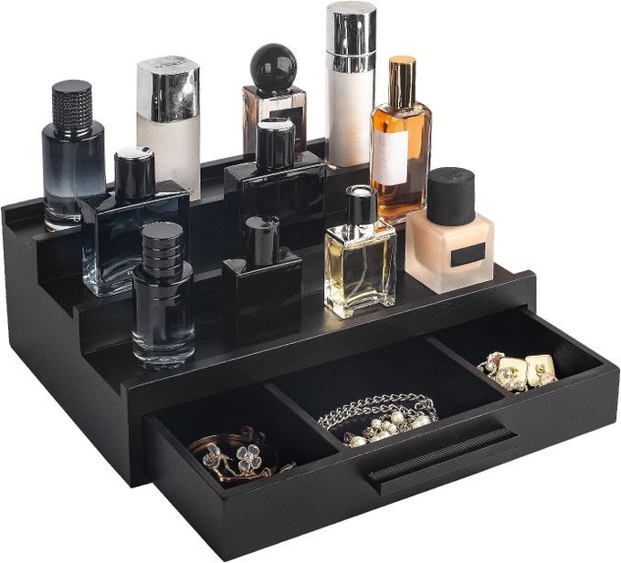 WOODEN COLOLGNE STAND COLOGNE ORGANIZER FOR MEN WOMEN, 3 TIER COLOGNE DISPLAY STAND WITH DRAWER STORAGE ORGANIZER TRAY FOR BEDROOM, PERFUME STAND ORGANISER BLACK